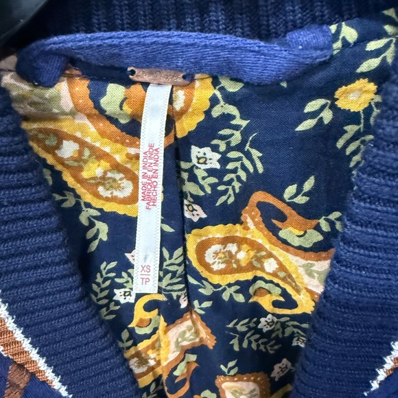 Free People Out Of Your League Bomber Jacket Patches Embroidered Blue Gold Tan - Picture 7 of 12